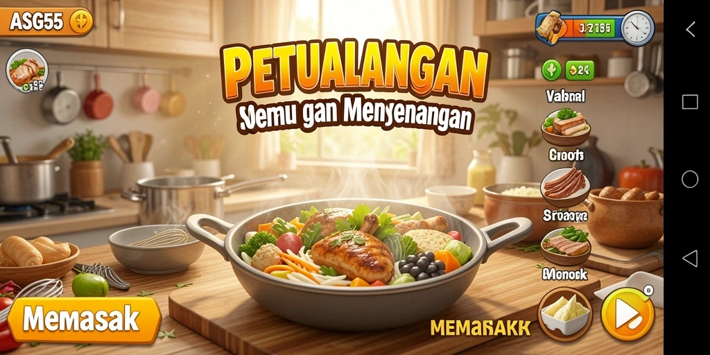 Tampilan antarmuka game Memasak ASG55 yang menarik dan interaktif.