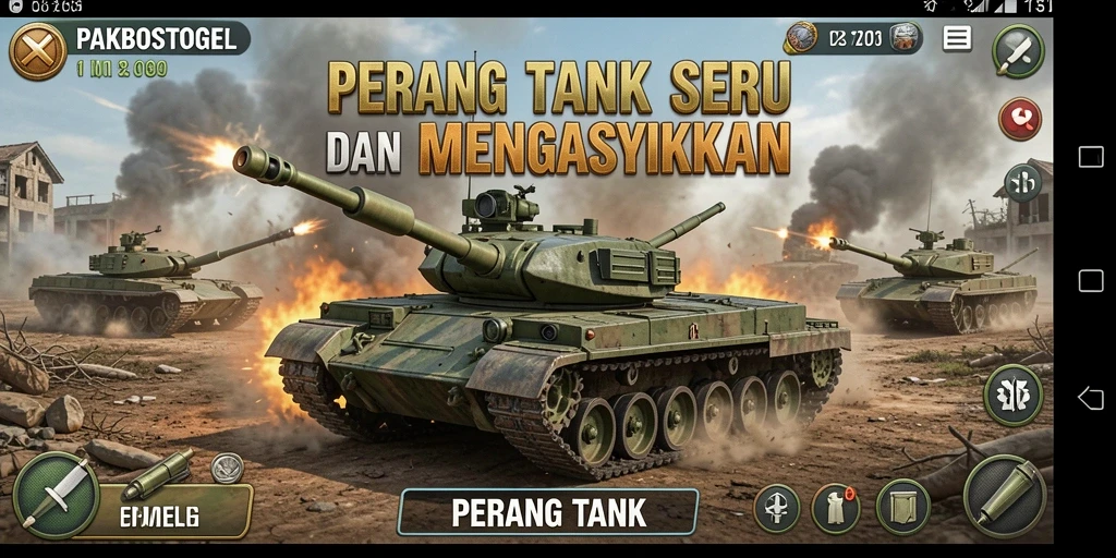 Screenshot antarmuka PAKBOSTOGEL yang menampilkan pertempuran tank seru.